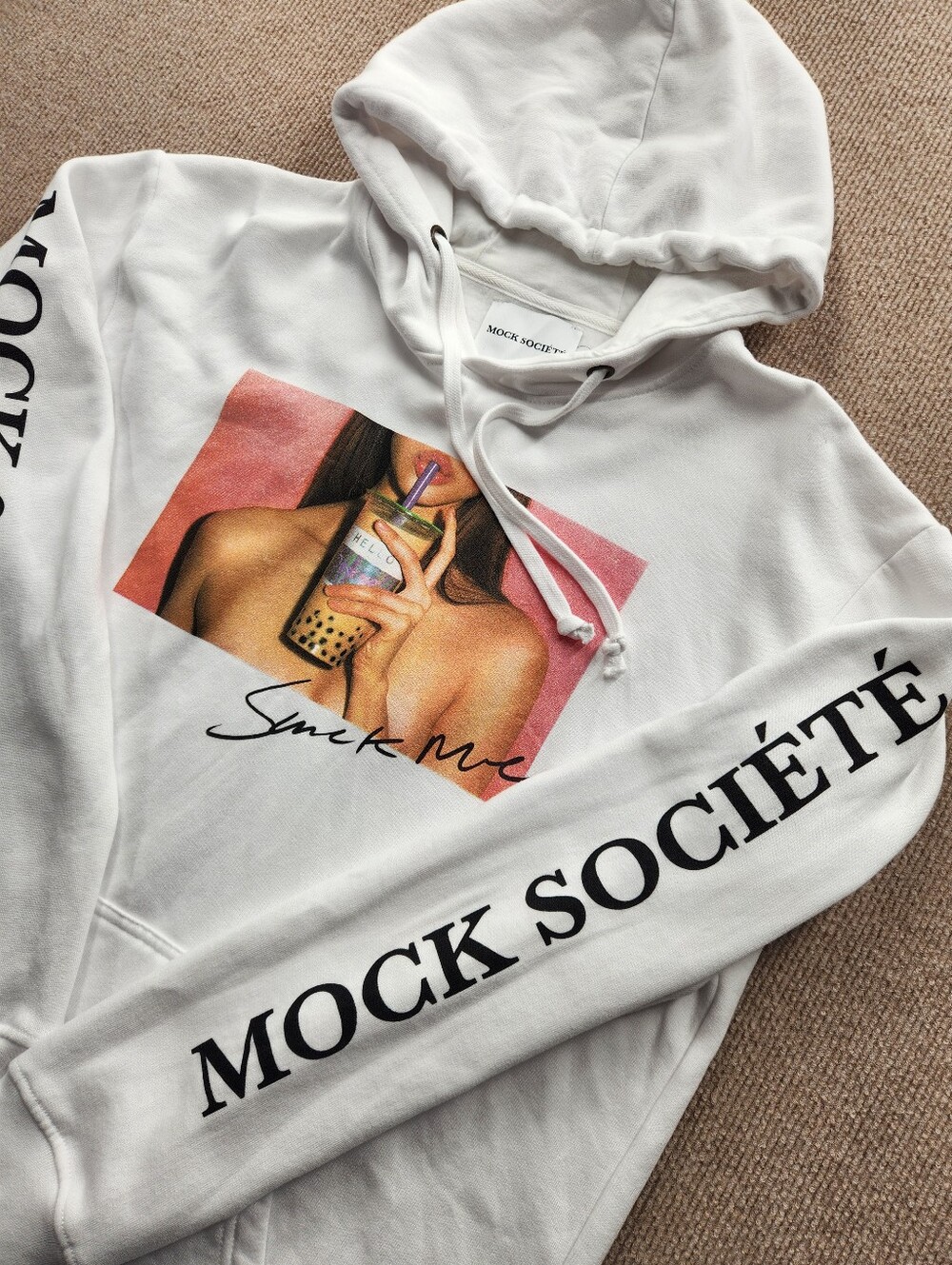 Mock Société Men's L White Cotton Fleece Pullover Suck Me Graphic Hoodie Pockets